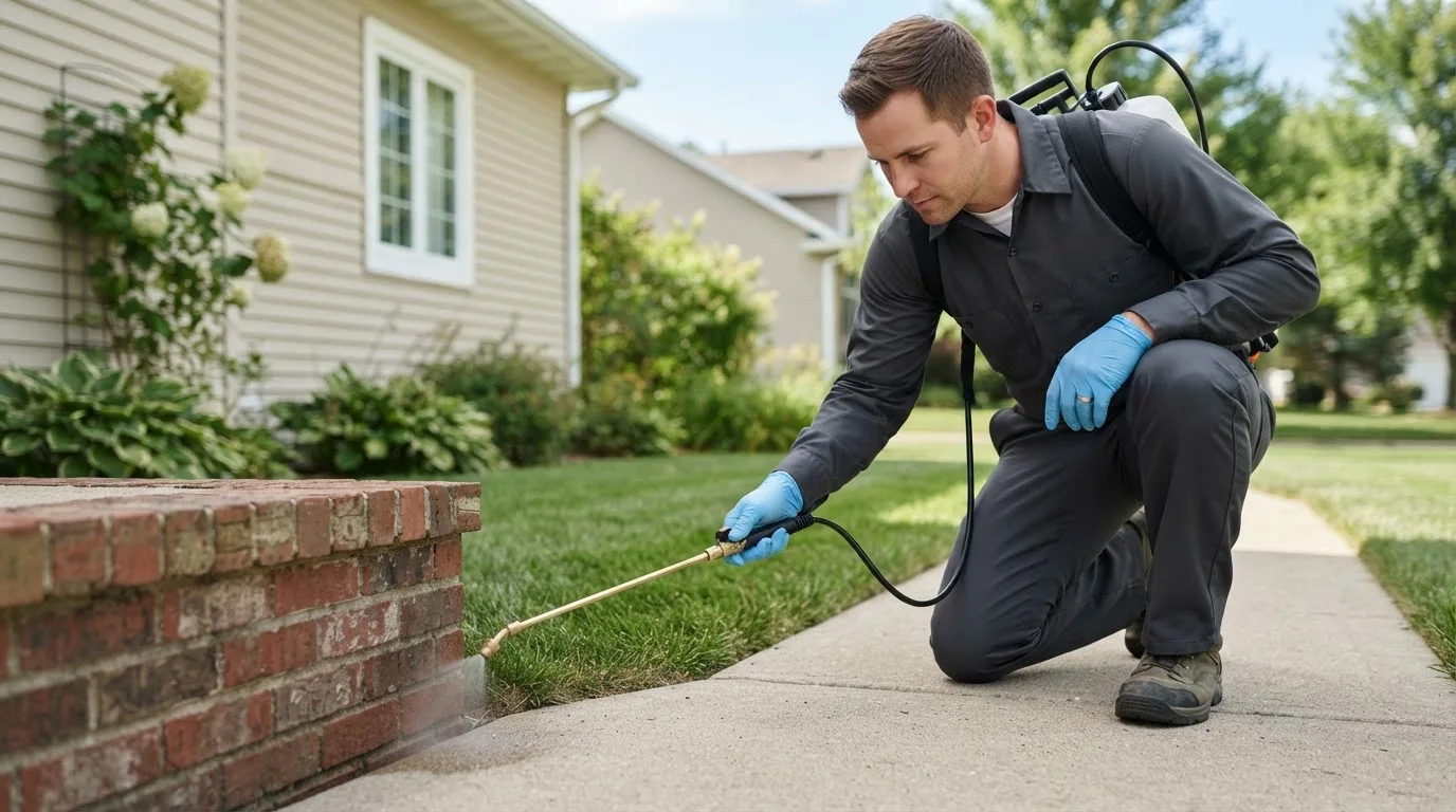 Pest control technician treating a home near Andover, OH
